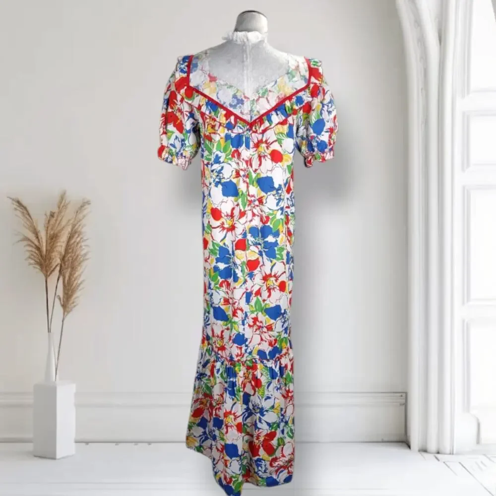 Vintage 70s Floral Muumuu Maxi Dress Lace Yoke Hawaiian House Dress USA Size 14